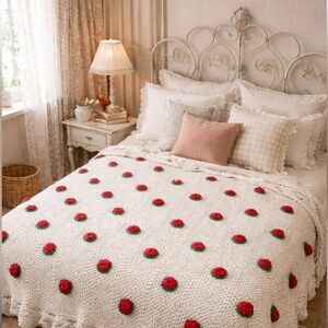 Bohemian King Size Granny Square Crochet Blanket with Red Rose Flower Accents
